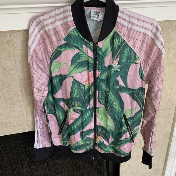Adidas Track Jacket Womens Médium  Farm Rio SST Tropical Palm Leaf Pink Full Zip - Picture 1 of 6